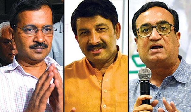 Delhi CM and AAP founder Arvind Kejriwal (L), Delhi BJP chief Manoj Tiwari and Delhi Congress president Ajay Maken (R).