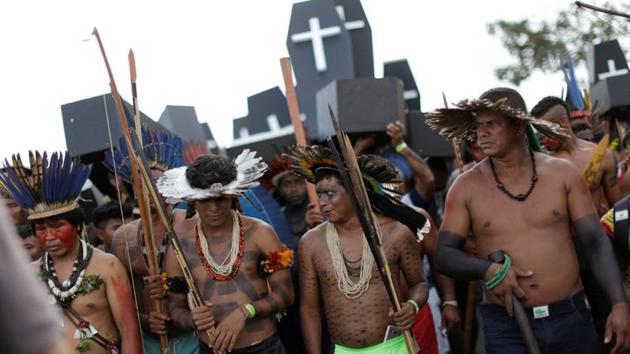 The demonstration was peaceful until police blocked some of the indigenous peoplefrom climbing a ramp that led into the congressional building, according to a Reuters photographer on the scene. (Ueslei Marcelino/REUTERS)