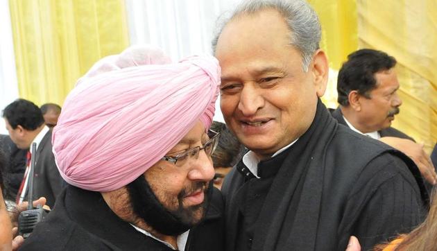 Capt Amarinder Singh and senior congress leader Ashok Gehlot after the oath-taking ceremony at Punjab Raj Bhawan in Chandigarh. As head of the party’s screening committee for the recent Punjab polls, Gehlot was credited with the “selection of right and winnable Congress candidates” in the state.(Keshav Singh/Hindustan Times) Capt Amarinder Singh and senior congress leader Ashok Gehlot after the oath-taking ceremony at Punjab Raj Bhawan in Chandigarh. As head of the party’s screening committee for the recent Punjab polls, Gehlot was credited with the “selection of right and winnable Congress candidates” in the state.(Keshav Singh/Hindustan Times)