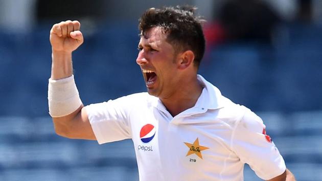 Yasir Shah celebrates dismissing West Indies' Alzarri Joseph in the first Test match between West Indies and Pakistan.(AFP)