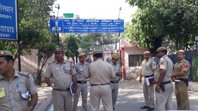 High security seen at the counting centre at Khichripur. The results are a huge setback to Delhi chief minister Arvind Kejriwal, who is struggling to retain the appeal of the five-year-old party that came to power in Delhi by a sweeping majority in the 2015 Assembly elections. (Sushil Kumar/HT Photo)