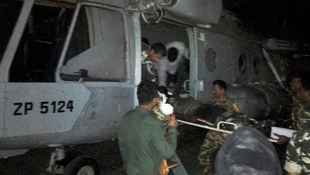 Injured CRPF jawans being airlifted to Raipur by an IAF chopper for treatment following a Maoist attack in Sukma district.(PTI Photo)