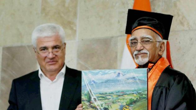 Vice president M Hamid Ansari being awarded honorary doctorate degree by Yerevan State University, in Yerevan, Armenia on April 26. (PTI Photo) Vice president M Hamid Ansari being awarded honorary doctorate degree by Yerevan State University, in Yerevan, Armenia on April 26. (PTI Photo)