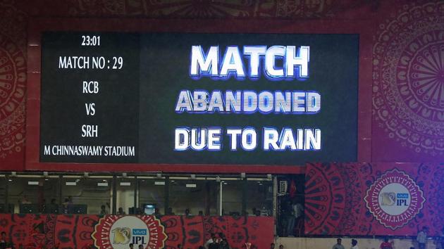 The game 29 of 2017 Indian Premier League between Royal Challengers Bangalore v Sunrisers Hyderabad was abandoned due to incessant rain – even without a ball being bowled. (BCCI )