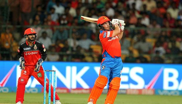 Aaron Finch hits a six during match 31 of 2017 Indian Premier League between Royal Challengers Bangalore and Gujarat Lions at the M.Chinnaswamy Stadium. Get full cricket score of RCB vs GL here(BCCI)