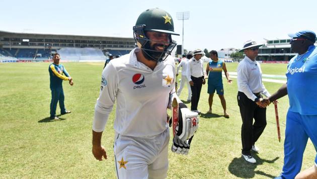 Pakistan's captain Misbah-ul-Haq smiles as he leaves the field after defeating West Indies on the final day of the first Test match at the Sabina Park in Kingston, Jamaica, on April 25, 2017. (AFP) Pakistan's captain Misbah-ul-Haq smiles as he leaves the field after defeating West Indies on the final day of the first Test match at the Sabina Park in Kingston, Jamaica, on April 25, 2017. (AFP)