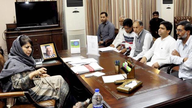 Jammu and Kashmir chief minister Mehbooba Mufti meets with a delegation in Jammu on April 26.(PTI Photo)