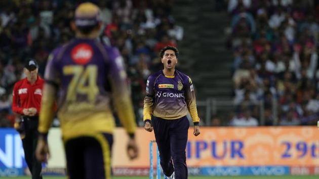 Kuldeep Yadav picked up two wickets in his final over, including Dhoni, to dent RPS’ progress. (BCCI)