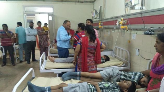 Injured schoolchildren at a private hospital in Sangrur.(HT Photo)