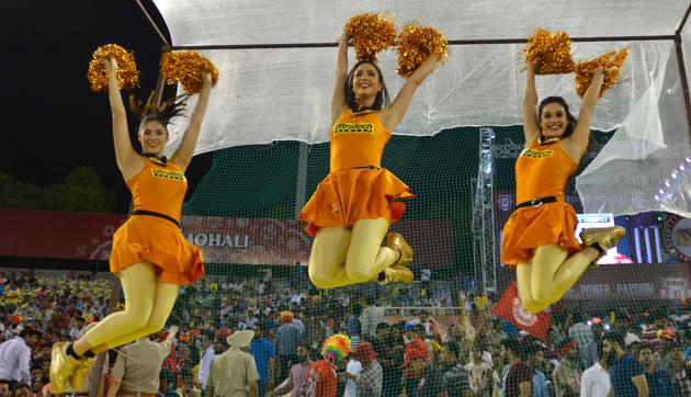 Cheerleaders during the IPL match between Kings XI Punjab and Sunrisers Hyderabad at PCA Stadium in Mohali on Friday night. (Ravi Kumar/HT)