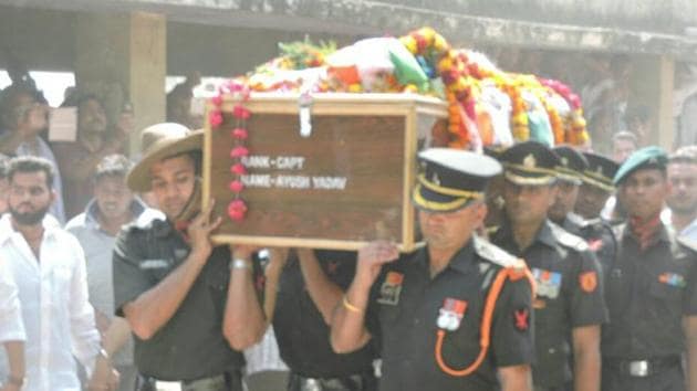 Captain Ayush Yadav was cremated at Siddhnath ghat with full military honours on Saturday. (HT Photo) Captain Ayush Yadav was cremated at Siddhnath ghat with full military honours on Saturday. (HT Photo)