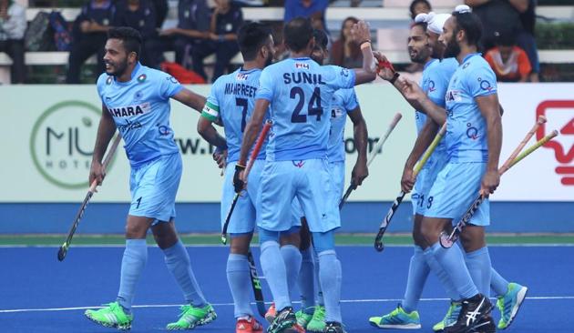 India celebrate the first goal by Akashdeep Singh (19th minute) in the Sultan Azlan Shah Cup hockey tournament at Ipoh, Malaysia. But the joy was short-lived as Great Britain scored the equaliser six minutes later.(Hockey India)