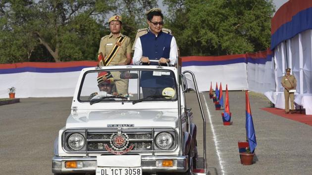 During ceremonial parade Union Minister of State for Home Affairs Kiren Rijiju took the salute of the marching contingents. (Raj K Raj/HT PHOTO)