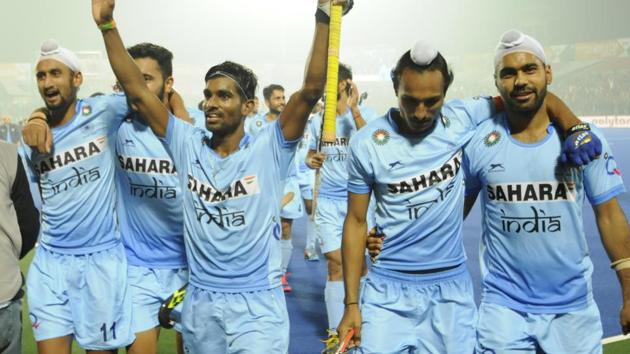 The India team celebrates after entering the final of the Junior Men’s Hockey World Cup at Lucknow in December, a tournament it went on to win. India, with some players from that side, are looking to go all the way in the Azlan Shah Cup tournament in Ipoh.(HT Photo)