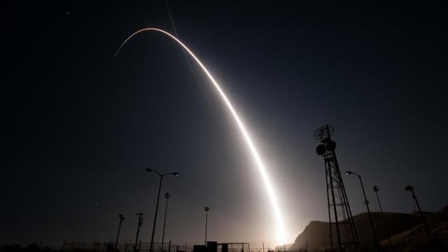 This US Air Force hand-out photo shows an unarmed Minuteman III intercontinental ballistic missile launches during an operational test at 12:03 a.m., PDT, on April 26,2017 from Vandenberg Air Force Base, California. The Minuteman system has been in service for 60 years. Through continuous upgrades, including new production versions, improved targeting systems, and enhanced accuracy, today's Minuteman system remains state-of-the art and is capable of meeting all modern challenges. (AFP)