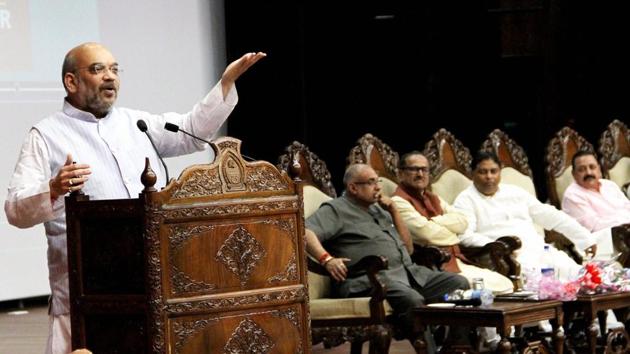 BJP president Amit Shah addresses the gathering during the Deen Dayal Upadhyay centenary celebrations in Jammu on Saturday.(PTI)