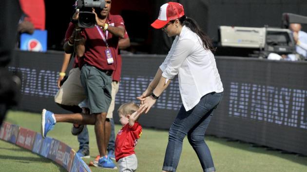 Preity Zinta, Kings XI Punjab team co-owner, was elated and could be seen sharing some nice moments with Shaun Marsh’s son. (Ravi Kumar/Hindustan Times)