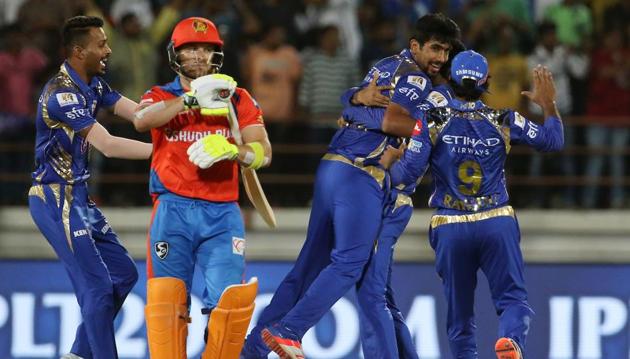 With two of the best in the business at crease (Brendon McCullum and Aaron Finch), the pressure was clearly on MI but Bumrah kept his cool and helped his team move to 14 points. (BCCI ) With two of the best in the business at crease (Brendon McCullum and Aaron Finch), the pressure was clearly on MI but Bumrah kept his cool and helped his team move to 14 points. (BCCI )