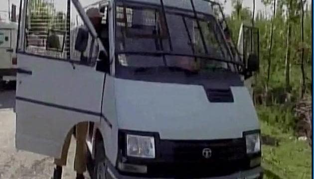 The cash van that was attacked by suspected militants in south Kashmir’s Kulgam on Monday.(Photo: ANI/Twitter)