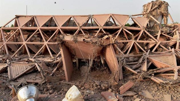 Built in 1972, the iconic Hall of Nations a permanent exhibition venue and a 20th-century heritage site at Pragati Maidan was demolished on April 23. This was the country’s first pillar-less building. (PTI Photo) Built in 1972, the iconic Hall of Nations a permanent exhibition venue and a 20th-century heritage site at Pragati Maidan was demolished on April 23. This was the country’s first pillar-less building. (PTI Photo)