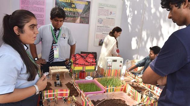 Students from across the state built models of their ideas for Monday’s event. (Pratham Gokhale/HT Photo)