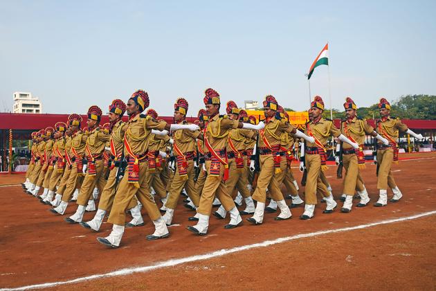 HAND IN GLOVE:  Security personnel continue to march ahead. (Pratik Chorge/HT Photo) 
