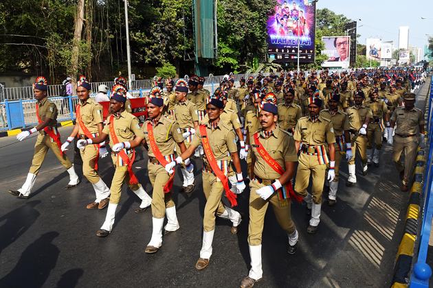 MOUSTACHE MOMENT: A cop seems pensive. (Pratik Chorge/HT Photo) 