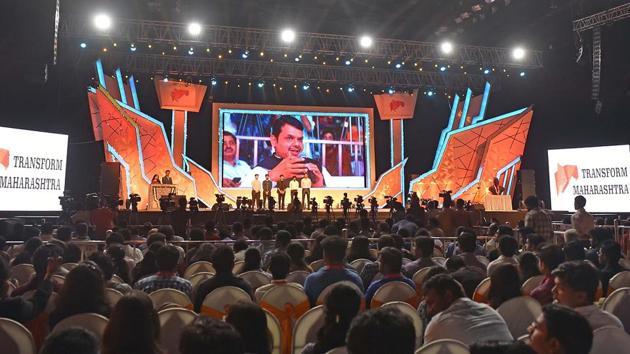 Students attend the Transform Maharashtra event at NSCI, Worli . (Pratham Gokhale/HT Photo)