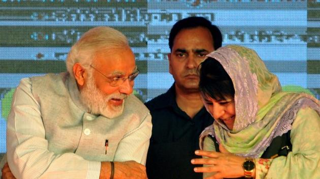 Prime minister Narendra Modi and chief minister Mehbooba Mufti after the inguaration of India’s longest road tunnel on the Jammu-Srinagar National Highway, April 2, 2017 (HT) Prime minister Narendra Modi and chief minister Mehbooba Mufti after the inguaration of India’s longest road tunnel on the Jammu-Srinagar National Highway, April 2, 2017 (HT)