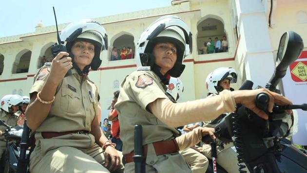 Armed with customized batons, first-aid kits, search lights, communication equipment and PCR vans, an all-woman unit of Jaipur Police will now patrol the Pink City on bikes to prevent crimes against women. (Himanshu Vyas / HT Photo)