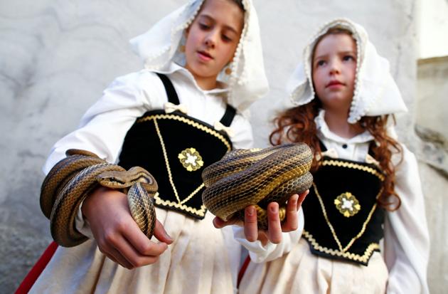About 100 snakes are used to adorn the statue and they are all nonvenomous. (Tony Gentile / Reuters)