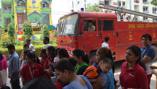 The fire started in an electrical panel located on the ground floor of Sanport Playschool in Sector 5, Vasundhara. (Sakib Ali/HT Photo) The fire started in an electrical panel located on the ground floor of Sanport Playschool in Sector 5, Vasundhara. (Sakib Ali/HT Photo)