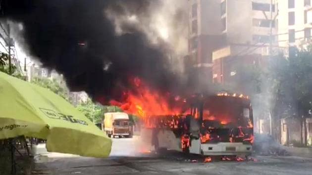 The bus started around 1pm from the school and made several drops before reaching Indirapuram. It caught fire in Ahimsa Khand.(HT Photo) The bus started around 1pm from the school and made several drops before reaching Indirapuram. It caught fire in Ahimsa Khand.(HT Photo)