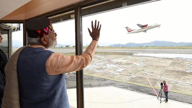 Prime Minister Narendra Modi during the launch of UDAN, the regional connectivity scheme for civil aviation, at Jubbarhatti airport near Shimla. (Photo: PMO) Prime Minister Narendra Modi during the launch of UDAN, the regional connectivity scheme for civil aviation, at Jubbarhatti airport near Shimla. (Photo: PMO)