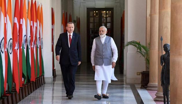 Prime Minister Narendra Modi with President of Turkey, Recep Tayyip Erdogan at Hyderabad House in New Delhi on Monday. (PTI) Prime Minister Narendra Modi with President of Turkey, Recep Tayyip Erdogan at Hyderabad House in New Delhi on Monday. (PTI)