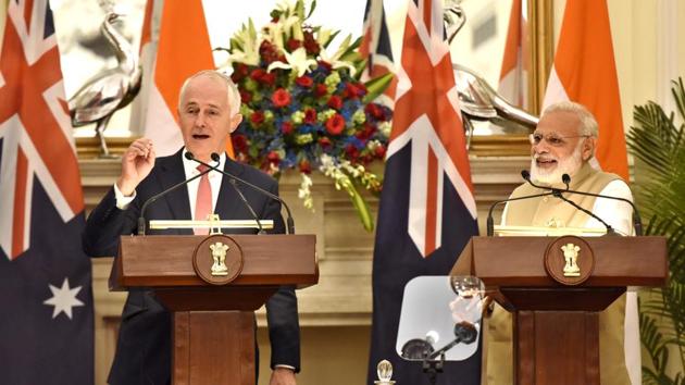 Prime Minister Narendra Modi and his Australian counterpart Malcolm Turnbull during delegation level talks at Hyderabad House in New Delhi in April.(Sonu Mehta/HT PHOTO) Prime Minister Narendra Modi and his Australian counterpart Malcolm Turnbull during delegation level talks at Hyderabad House in New Delhi in April.(Sonu Mehta/HT PHOTO)