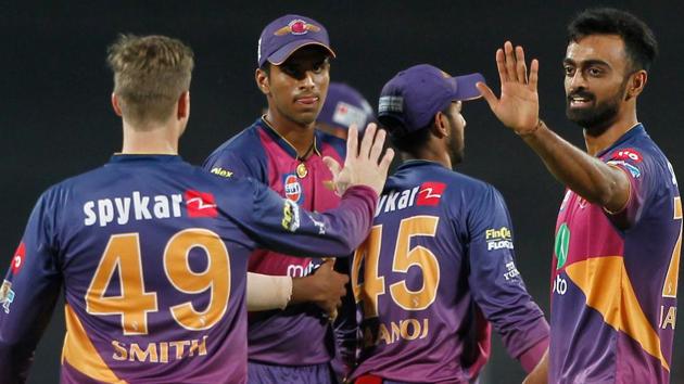 Jaydev Unadkat of Rising Pune Supergiant celebrates the wicket of James Faulkner. (BCCI) 
