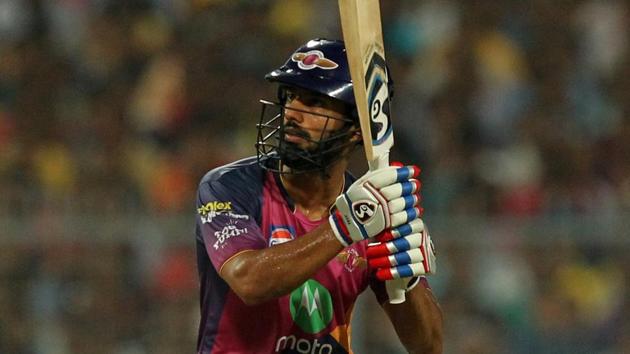 Rahul Tripathi of Rising Pune Supergiant hits a six during the 2017 Indian Premier League match against Kolkata Knight Riders at Eden Gardens, Kolkata on Wednesday. Get full cricket score of Kolkata Knight Riders vs Rising Pune Supergiant here.(BCCI)