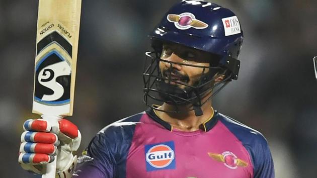 Rising Pune Supergiants cricketer Rahul Tripathy celebrate after scoring his fifty against Kolkata Knight Riders during their IPL 2017 encounter.(AFP)