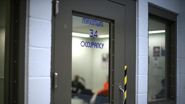 Adelanto detainees have access to an on-site law library, a medical clinic, religious services, and a recreation area where they can play soccer and basketball. In the center’s visiting area, a large world map hangs on a wall. (Lucy Nicholson /Reuters)