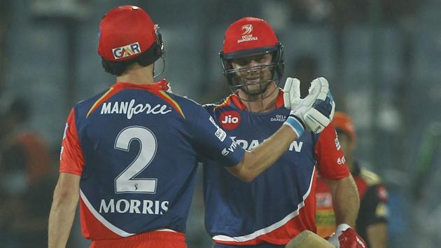 Delhi Daredevils’ Corey Anderson (right) and Chris Morris celebrate their six-wicket win against Sunrisers Hyderabad at the Feroz Shah Kotla Stadium in Delhi on Tuesday. (BCCI)