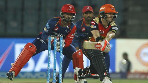 Sunrisers Hyderabad captain David Warner goes for a reverse sweep against Delhi Daredevils. (BCCI)