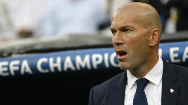 Real Madrid's head coach Zinedine Zidane during his team’s Champions League semifinal first leg soccer match against Atletico Madrid.(AP)