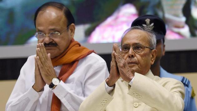Union minister M Venkaiah Naidu, seen with President Pranab Mukherjee at the 64th National Film Awards function in New Delhi, Make in India is reflected in all the movies nowadays.(PTI)