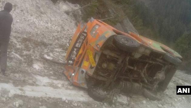 The minibus that plunged into a gorge in Bhaderwah, killing four people. One more was killed in another accident in Mandi area. (ANI TwitterT) The minibus that plunged into a gorge in Bhaderwah, killing four people. One more was killed in another accident in Mandi area. (ANI TwitterT)