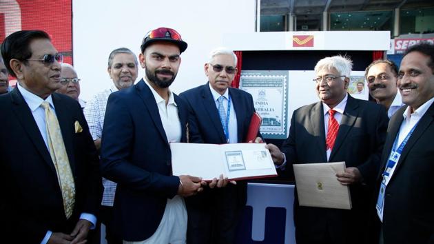 Virat Kohli, captain of India, Vinod Rai, chairman of the Committee of Administrators, during the unveiling of a stamp to commemorate India vs Australia Test series in Pune on February 23, 2017. CoA has asked the BCCI to pick the Indian cricket team for the ICC Champions Trophy earliest.(BCCI)