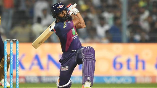 Rising Pune Supergiant’s Rahul Tripathi plays a shot during the 2017 Indian Premier League (IPL) T20 match against Kolkata Knight Riders at the Eden Gardens Stadium in Kolkata on May 3, 2017.(AFP)