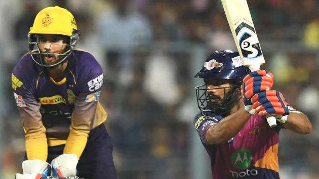 Rising Pune Supergiant’s Rahul Tripathi plays a shot as Kolkata Knight Riders keeper Sheldon Jackson looks on during their IPL 2017 match at Eden Gardens in Kolkata on Wednesday. (AFP) Rising Pune Supergiant’s Rahul Tripathi plays a shot as Kolkata Knight Riders keeper Sheldon Jackson looks on during their IPL 2017 match at Eden Gardens in Kolkata on Wednesday. (AFP)