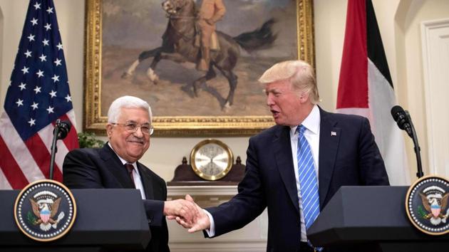 US President Donald Trump and Palestinian Authority President Mahmud Abbas shake hands in the Roosevelt Room during a joint statement at the White House in Washington on Wednesday.(AFP) US President Donald Trump and Palestinian Authority President Mahmud Abbas shake hands in the Roosevelt Room during a joint statement at the White House in Washington on Wednesday.(AFP)