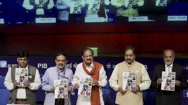 Minister of urban development M Venkaiah Naidu with secretary, Ministry of Urban Development, Rajiv Gauba and others at the release of the survey "Swachh Survekshan - 2017" and announcement of the cleanest cities in the country in New Delhi on Thursday. (PTI) Minister of urban development M Venkaiah Naidu with secretary, Ministry of Urban Development, Rajiv Gauba and others at the release of the survey "Swachh Survekshan - 2017" and announcement of the cleanest cities in the country in New Delhi on Thursday. (PTI)